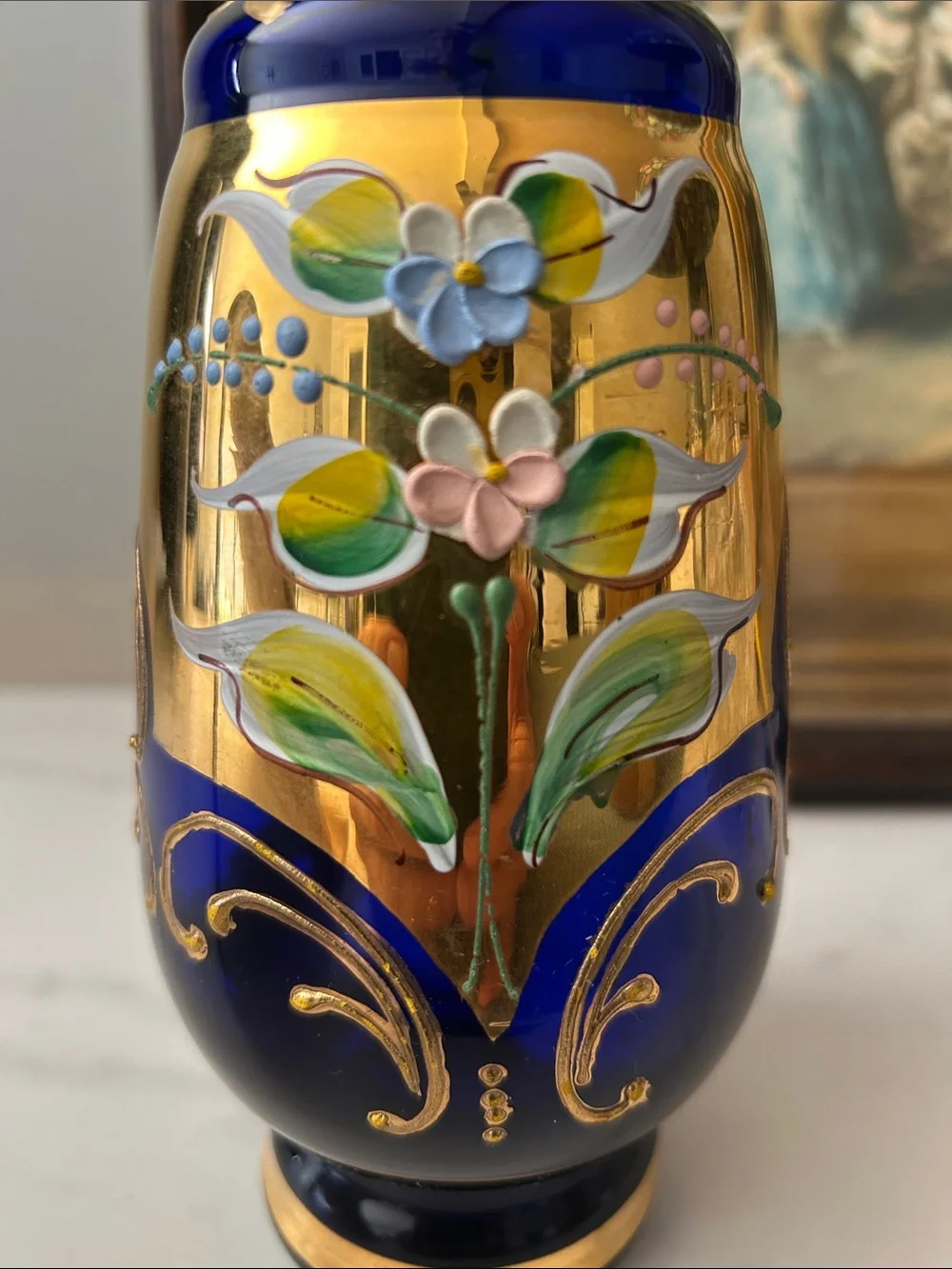 Cobalt Blue and  24 k Gold inlay  Glass pitcher with Hand-Painted Floral Motif